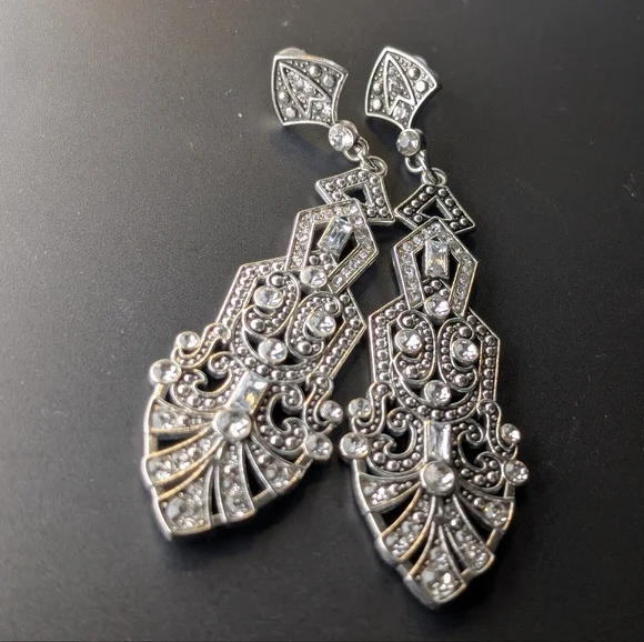 Art Deco Inspired Rhinestone Statement Earrings Prom Wedding Glam 3.5 Inches - Picture 4 of 4